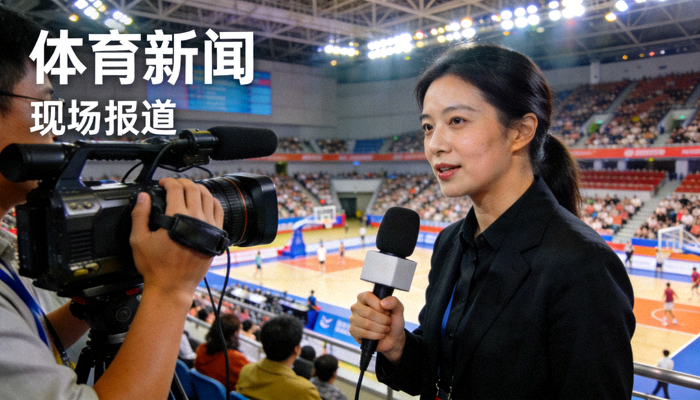 体育新闻现场，记者在赛事场馆内进行采访与报道